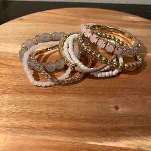 Elegant Gold, Pink, and White Beaded Bracelet Set (8 bracelets)